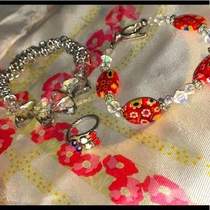 Lot of 3 Vintage hand made Costume jewelry 2 glass bracelets Silver rope ring